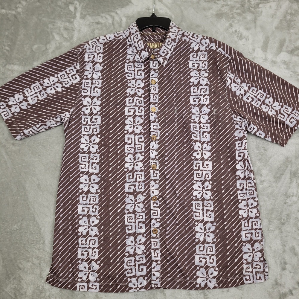 Kahala 1936 Men's L Brown Floral Tribal Print Shirt Aloha Hawaiian Short Sleeve